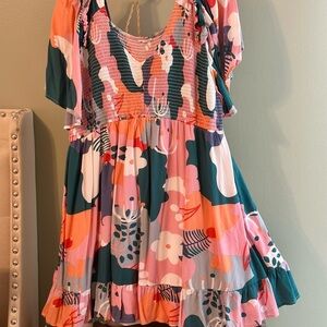 Women’s Pink & Teal Floral Tiered Dress